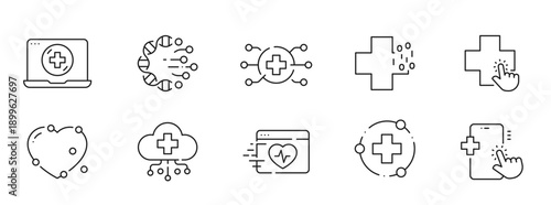 Medical tech line icons for telemedicine, healthcare apps, wearables, cloud data, diagnostics, monitoring, AI, security, DNA, hospitals, interfaces, dashboards, devices