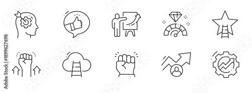 Clean outline motivation icons for success, achievement, goal progress, leadership, teamwork, strategy, coaching, productivity, growth, editable line art, confidence, stroke