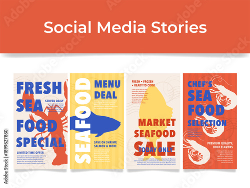 A banner template featuring special offers and promotions on fresh seafood, including menu discounts and limited-time market sales.