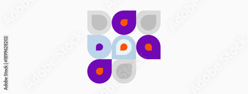 Abstract colorful shapes arranged on white background. Circles, squares, teardrops create modern design. Simple geometry, vibrant hues.