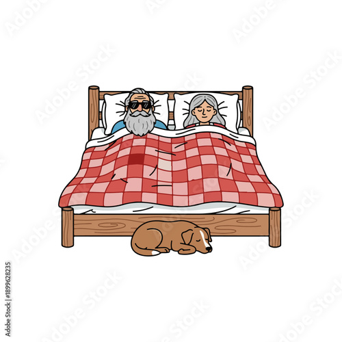 Elderly couple sleeping in bed with dog on floor.