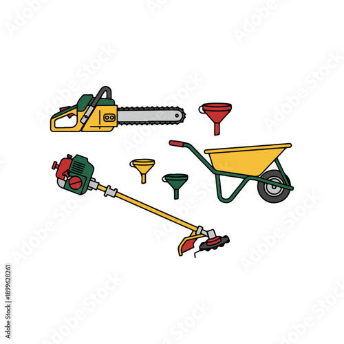 Gardening Tools Collection Including Chainsaw and Wheelbarrow.