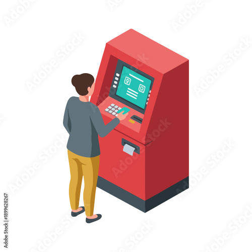 Woman using a red ATM machine for transactions.