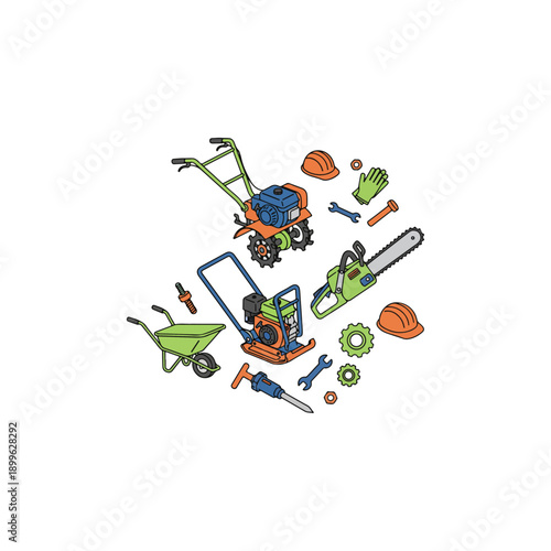 Essential construction and gardening tools with safety gear.