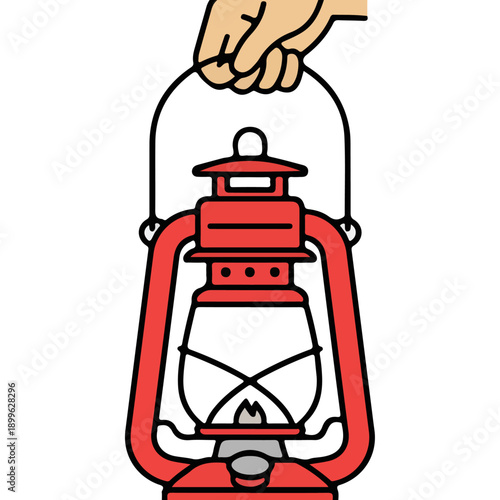 Hand holding a classic red kerosene lantern with a lit wick.