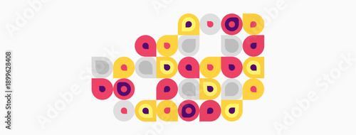 Colorful circles form abstract shape. Pink, yellow, purple hues dominate composition. Simple geometric design, flat aesthetic.