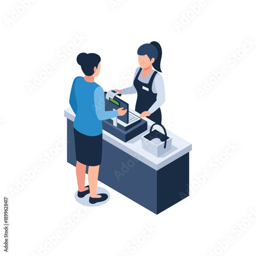 Isometric illustration of a customer making a purchase at a retail checkout counter.