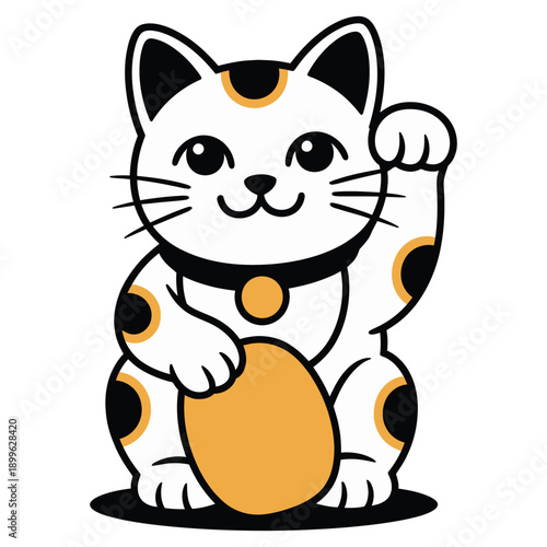 Maneki neko lucky cat vector icon, japanese beckoning kitten holding gold coin symbol isolated