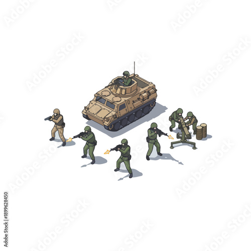 Military Tank and Soldiers in Combat Gear.