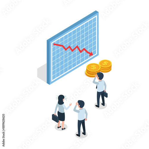 Business people analyzing financial crisis with downward trend chart and coins.