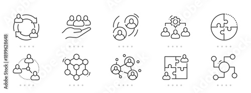 Line collaboration icons featuring teamwork, communication, partnership, workflow, planning, brainstorming, handshake, global networks, leadership, and project management; editable stroke set