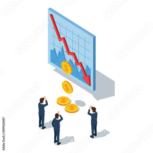 Businessmen observe a financial chart with a downward trend and falling coins.