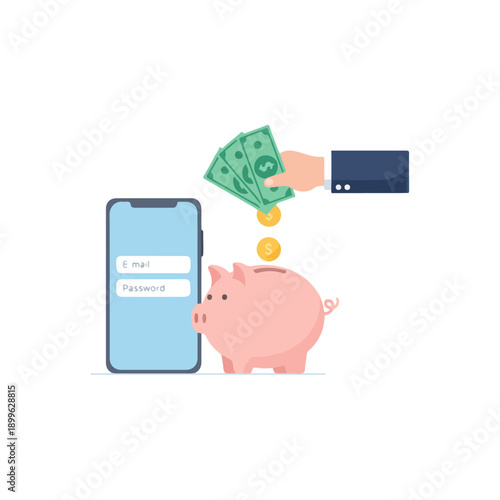 Mobile banking and savings concept with hand depositing money into piggy bank.