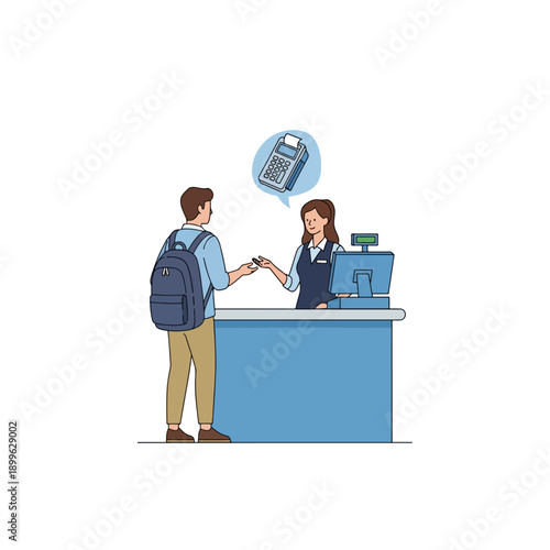Student making a payment at a cashiers desk.