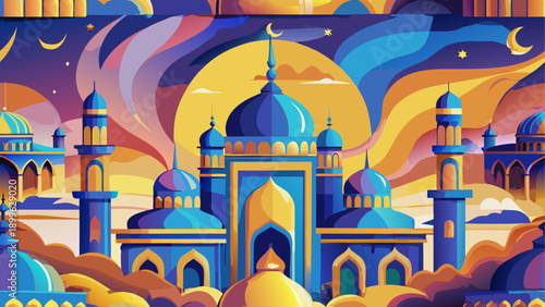 Vibrant fantasy cityscape with majestic mosque and blue architecture