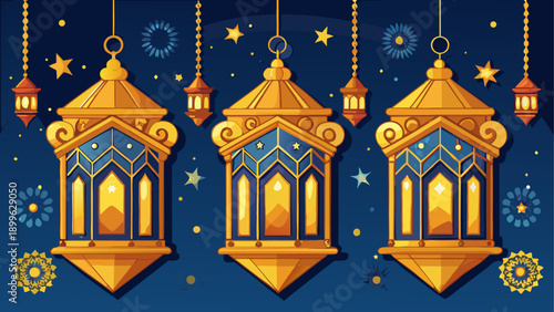 Festive lanterns in night sky with stars and crescent moon