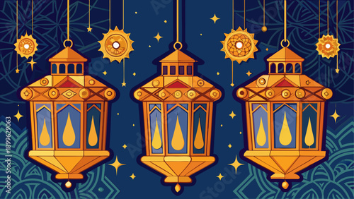 Vibrant lanterns in night sky vector illustration