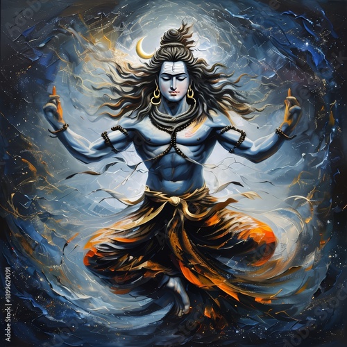 A serene depiction of Lord Shiva in meditation, surrounded by cosmic energy and celestial light, symbolizing spiritual enlightenment and cosmic harmony.