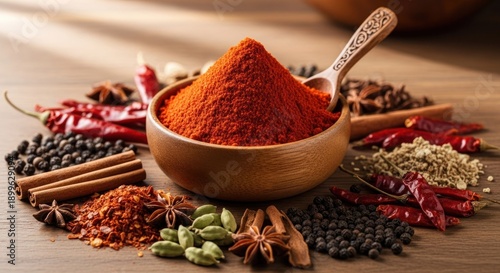 A wooden bowl overflows with red spice surrounded by various other whole spices