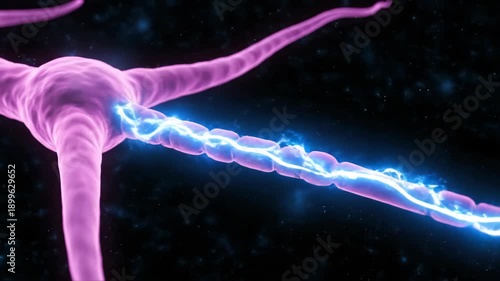 3D Visualization of Neuron Firing: Electrical Signal Travel Along Axon with Myelin Sheath