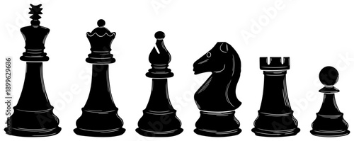 Classic chess figures set. Black chessman pieces silhouette of king, queen, bishop, knight, rook, pawn.