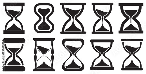 Hourglass silhouette vector icon set, sand timer clock collection isolated on white background