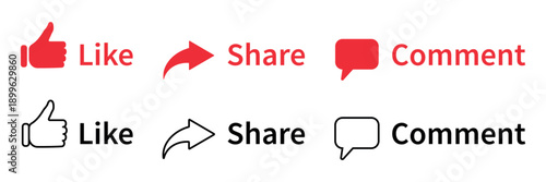 Like Share Comment Icons Set Flat and Outline Style Social Media Buttons Collection with Thumbs Up Arrow and Speech Bubble for Web Interface UI UX Design