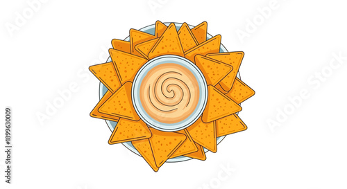 A bowl of dip surrounded by tortilla chips viewed from directly above