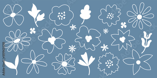 Hand Drawn Floral Elements Set with Simple Flowers Leaves and Doodles in Minimal Line Style for Spring Holiday Design Greeting Cards Invitations Wrapping Paper and Decorative Illustrations