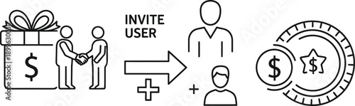 Referral program concept with user invitation and reward system. Line art icons illustrating a bonus for new customer acquisition through affiliate marketing strategy
