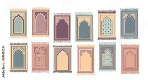 Collection of prayer rugs with diverse designs and colors displayed together in a grid pattern