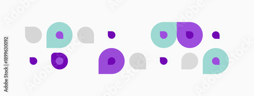 Abstract shapes, purple, mint, gray dots arranged horizontally. Minimalist design, simple geometry, clean aesthetic. Background is white.