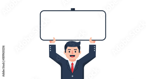 Man in suit holding a large blank signboard above his head with a cheerful expression