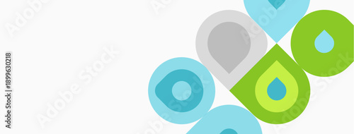 Abstract shapes, circles, overlapping forms. Light green, blue, gray colors present. Minimalist design, clean aesthetic. Simple composition.