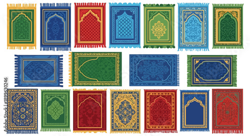 Collection of various prayer mats with different designs and colors displayed together in a grid view