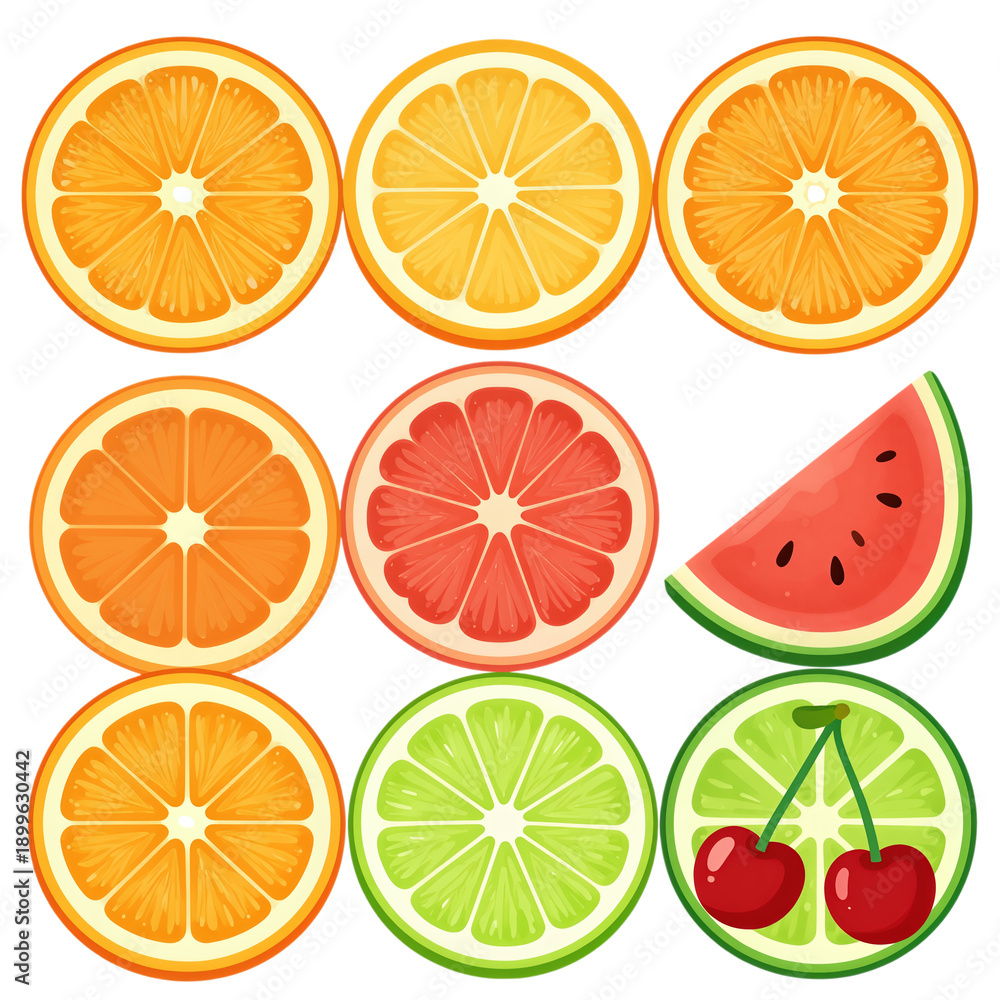 Obraz premium Fresh citrus slices and fruit pieces isolated