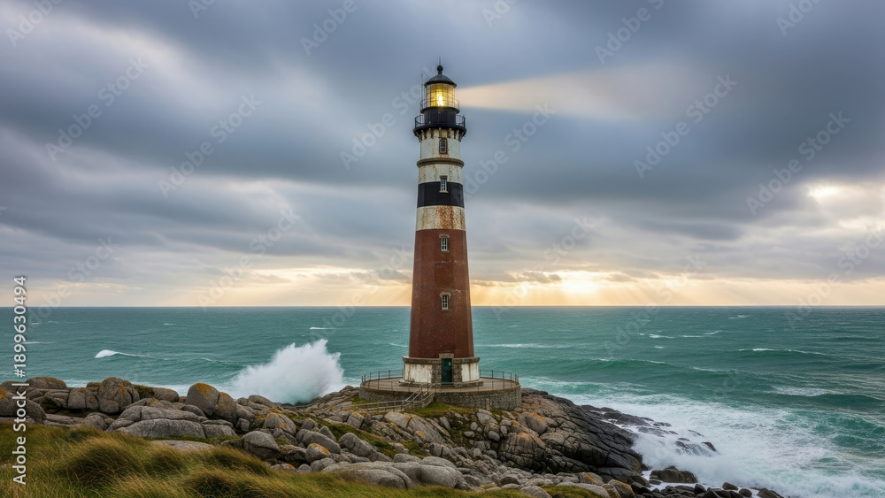 Obraz premium Majestic lighthouse against a stormy sea backdrop.