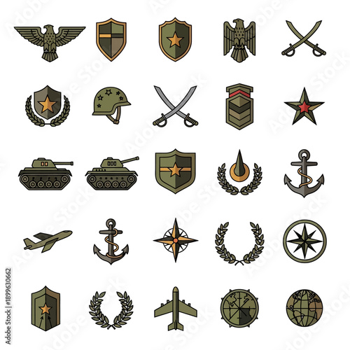 Military Emblems and Icons Set: Army, Navy, Air Force Symbols