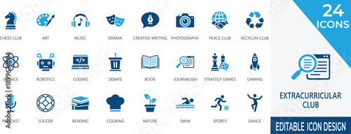 Vector icons of school clubs, extracurricular, activities, student , community, sports, robotics, music, and leadership groups for education UI.