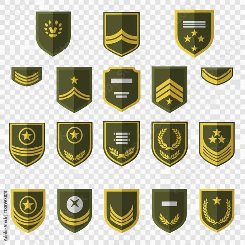 Military Rank Insignia Collection: Army Badges, Emblems, and Chevrons on Transparent Background