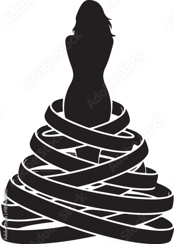 Silhouette of woman trapped in black ribbon or tape