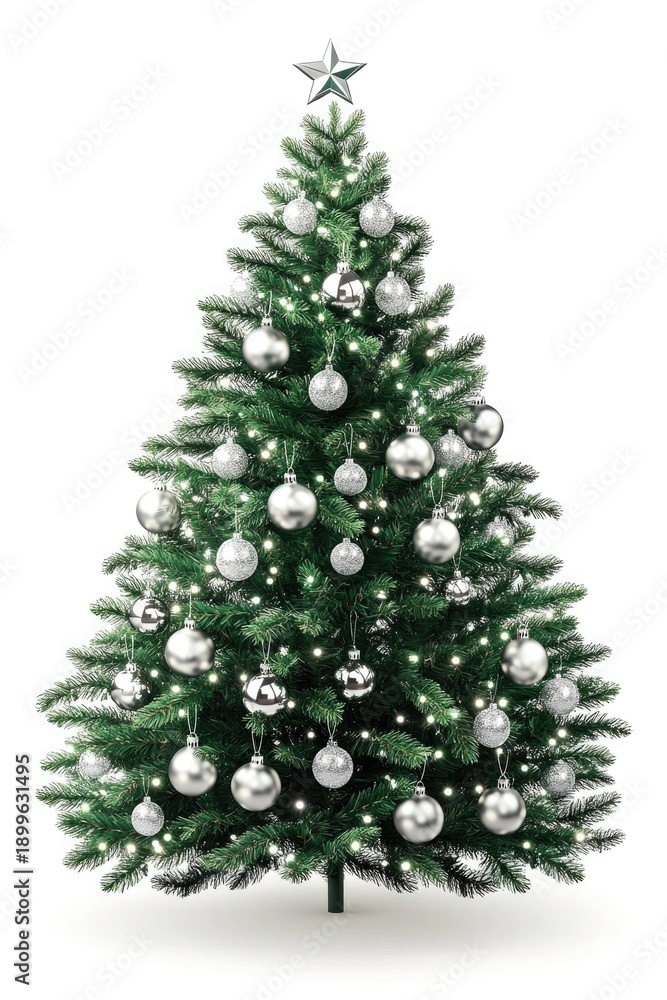 Fototapeta premium Festive christmas tree with silver ornaments and star topper