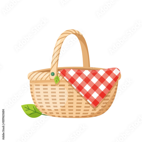 A picnic basket with a red and white checkered cloth and leaf.