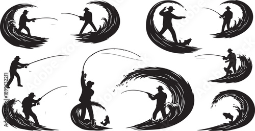 Silhouette of a fisherman in various dynamic poses vector