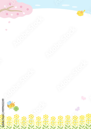 桜と菜の花と青空の春の背景、縦長サイズの背景イラスト