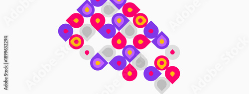 Abstract pattern features colorful circles, squares, overlapping shapes. Purple, yellow, pink hues dominate design. Minimalist aesthetic.