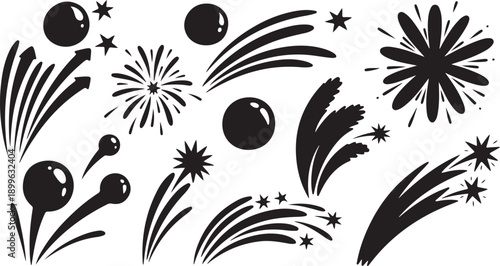 Fireworks Explosions Silhouette Vector Graphics Set Isolated on White