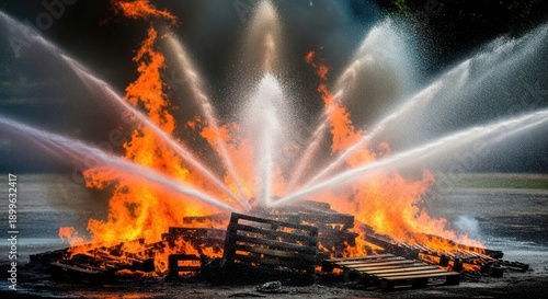 Burning pile of wood extinguished by multiple water jets, dramatic scene