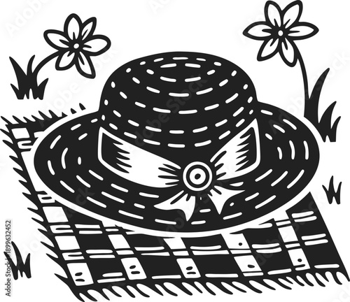 Wide brim sun hat with bow resting on picnic blanket, floral garden decoration, spring leisure and countryside relaxation scene