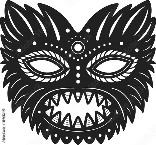 Decorative tribal mask with fierce teeth and ornate feather design in black and white